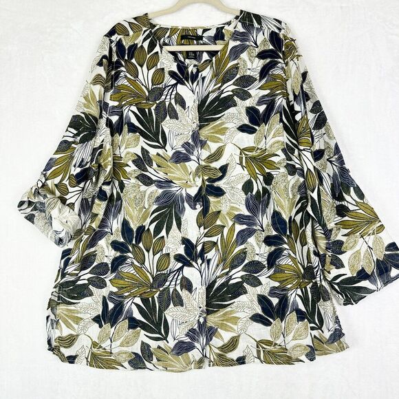 Tahari Linen Button Up Top Size 2X Leaf Print Tropical Vacation Coastal - Picture 1 of 5